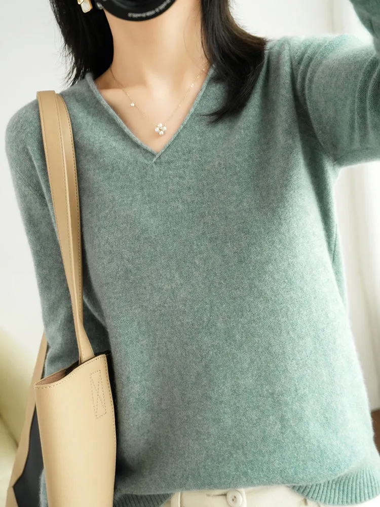 Ivyshape | Classic Wool Cashmere V-Neck Jumper for Women