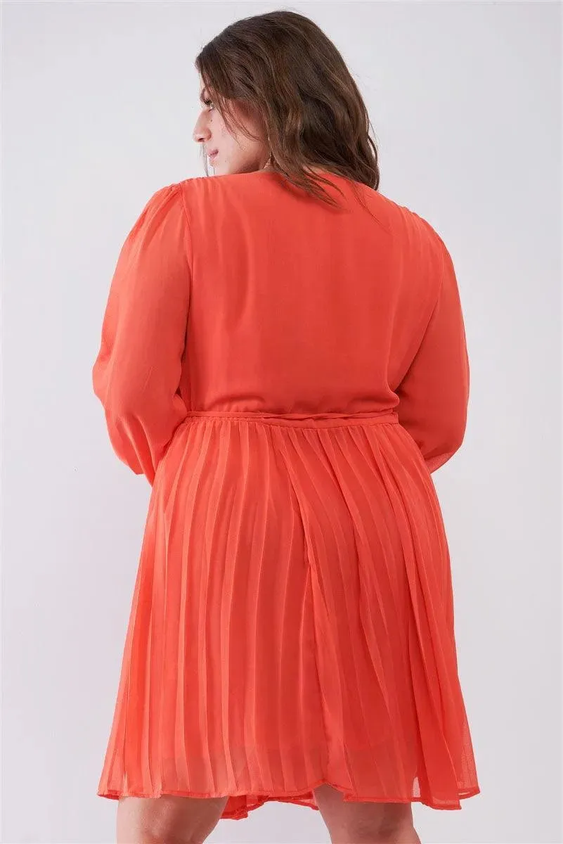 Junior Plus Coral Wrap Deep V-Neck Long Puff Sleeve With Elasticated Cuff Pleated Midi Dress /2-2-2