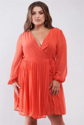 Junior Plus Coral Wrap Deep V-Neck Long Puff Sleeve With Elasticated Cuff Pleated Midi Dress /2-2-2
