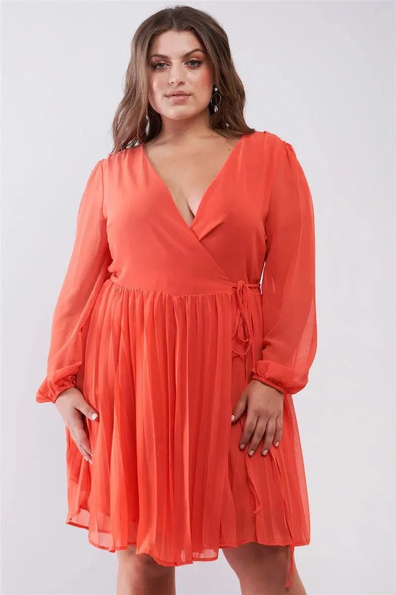 Junior Plus Coral Wrap Deep V-Neck Long Puff Sleeve With Elasticated Cuff Pleated Midi Dress /2-2-2
