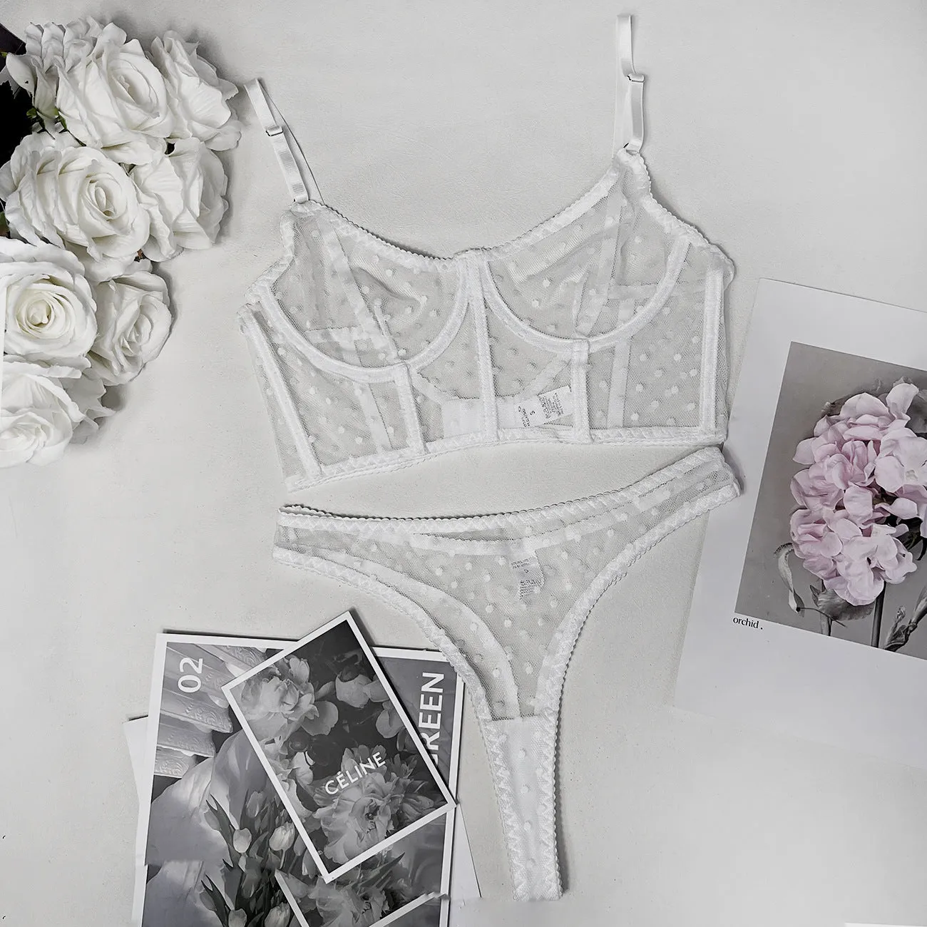 Lace Two-piece Polka Dot Underwear Fishbone Lingerie Set