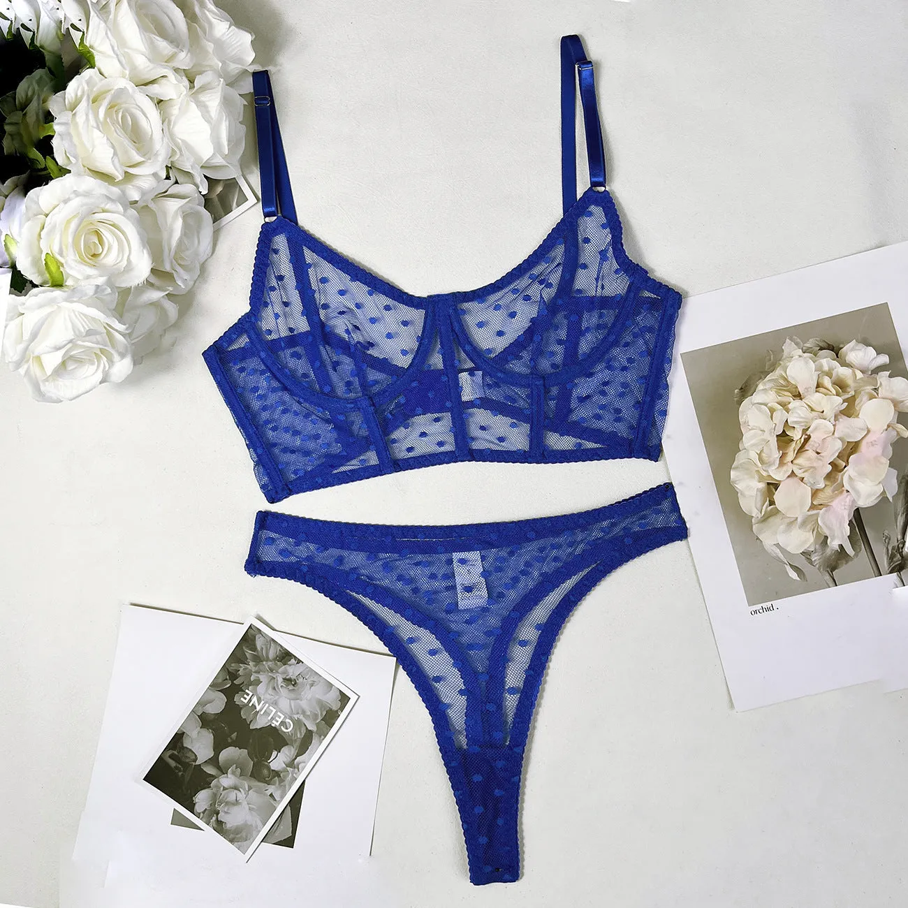 Lace Two-piece Polka Dot Underwear Fishbone Lingerie Set