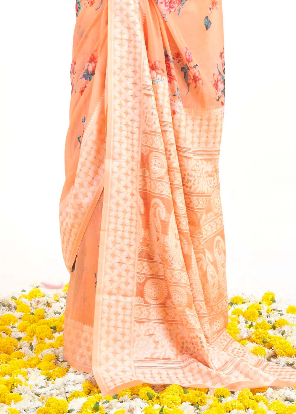 Light Coral Orange Chikankari Silk Saree with Floral Digital Print