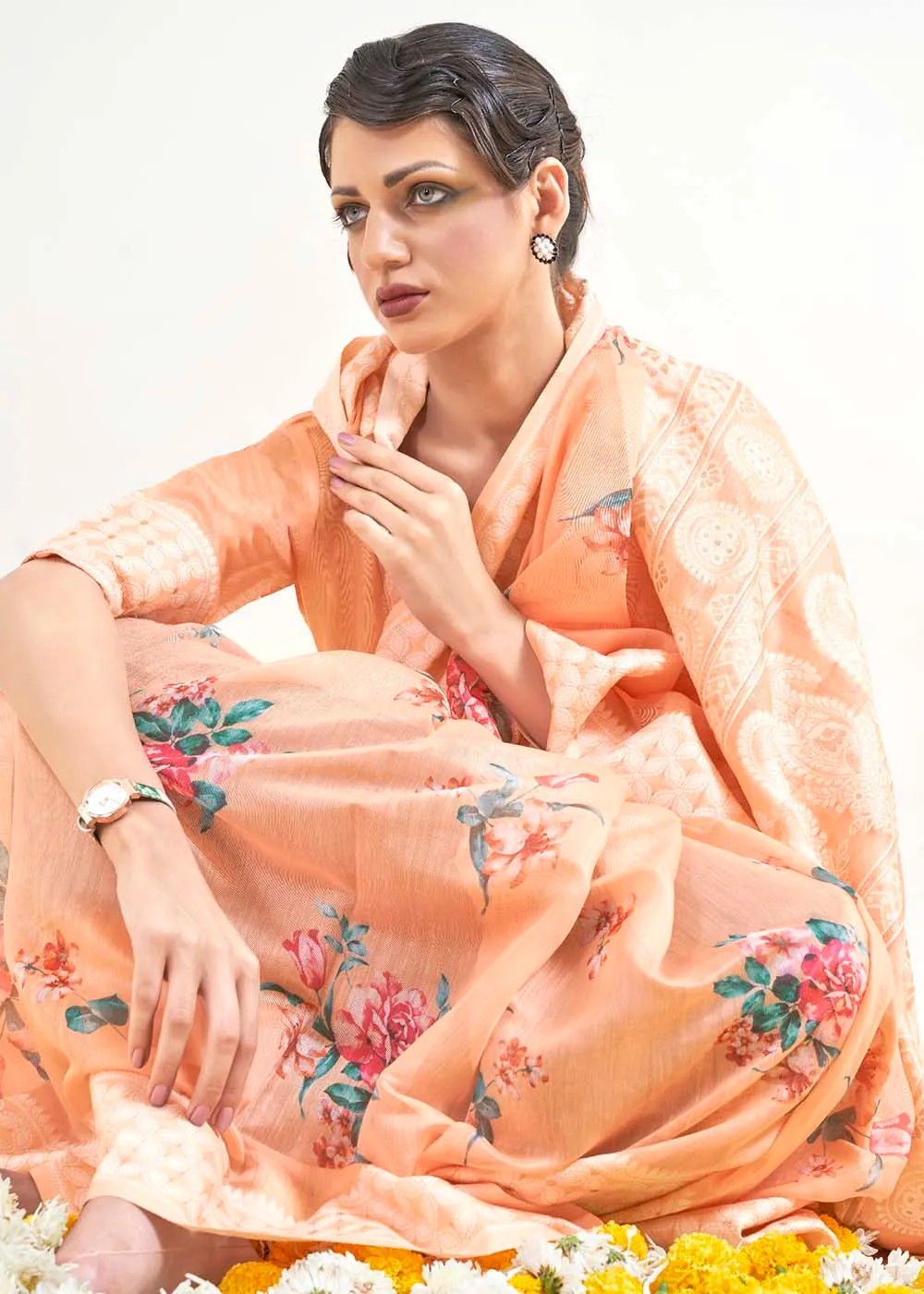 Light Coral Orange Chikankari Silk Saree with Floral Digital Print