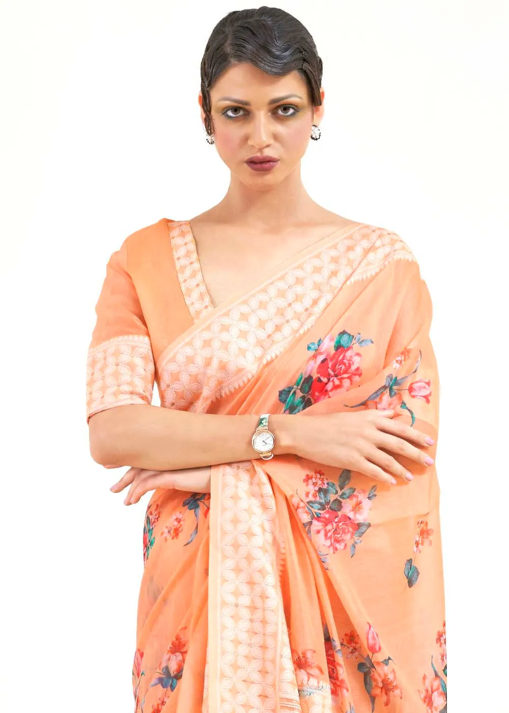 Light Coral Orange Chikankari Silk Saree with Floral Digital Print