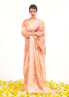Light Coral Orange Chikankari Silk Saree with Floral Digital Print