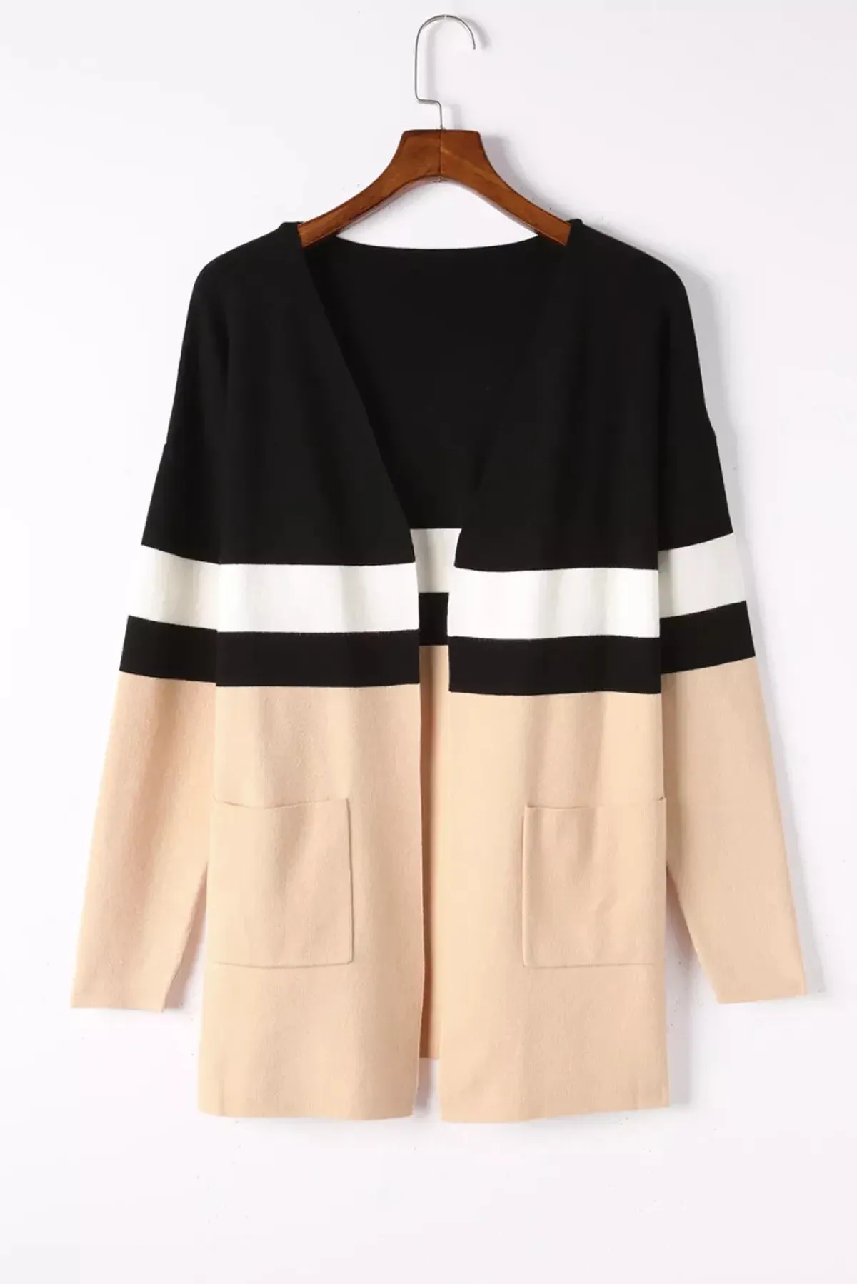 Long Knitwear Striped Open Front Cardigan Apricot
