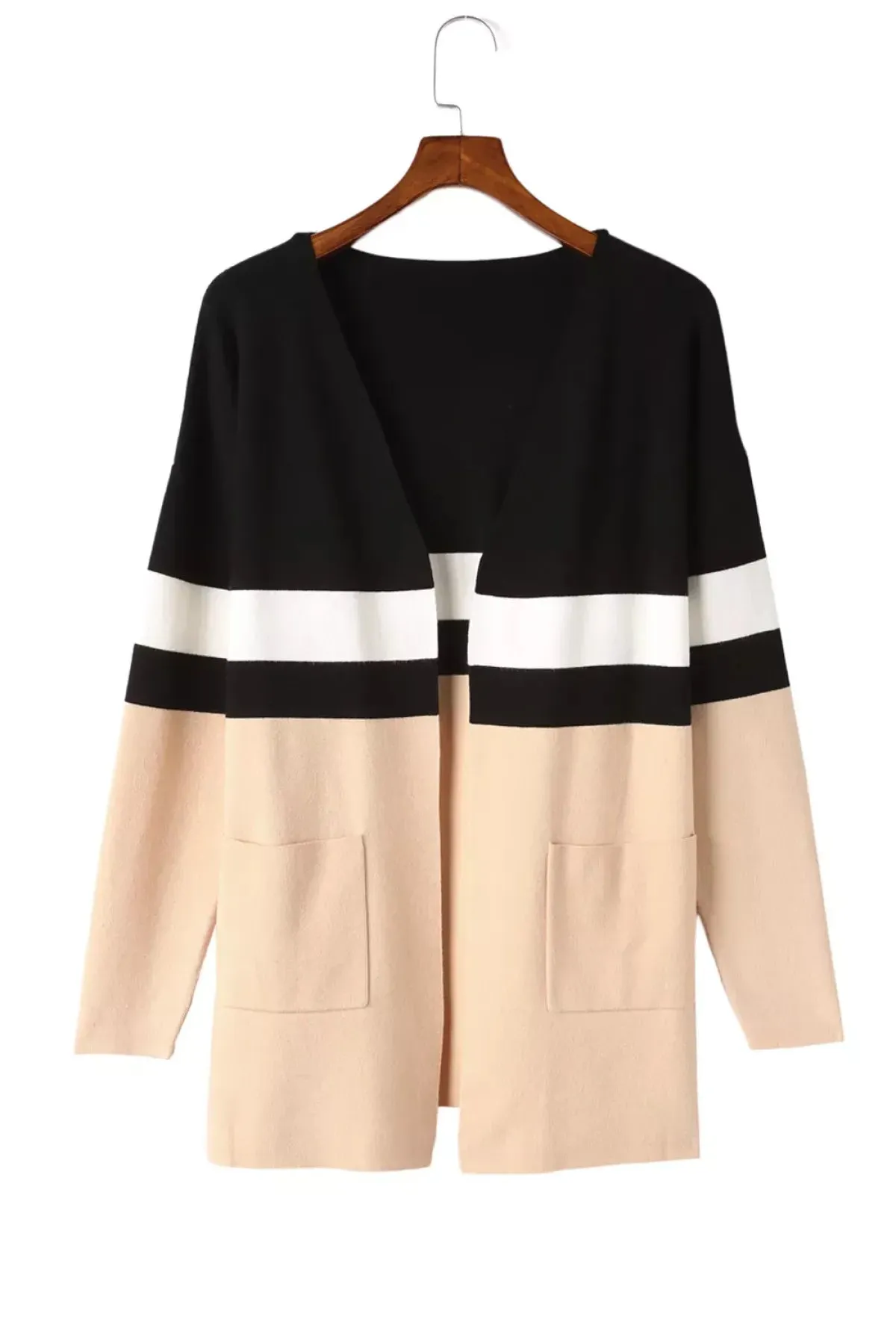 Long Knitwear Striped Open Front Cardigan Apricot