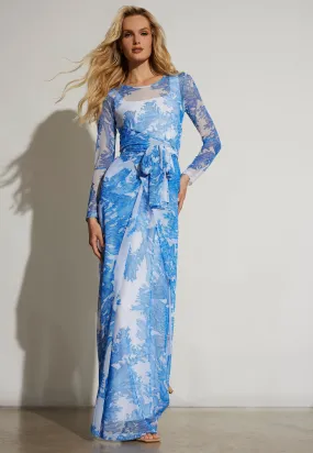 Loren Sheer Mesh Wrap Dress in Blue Coral