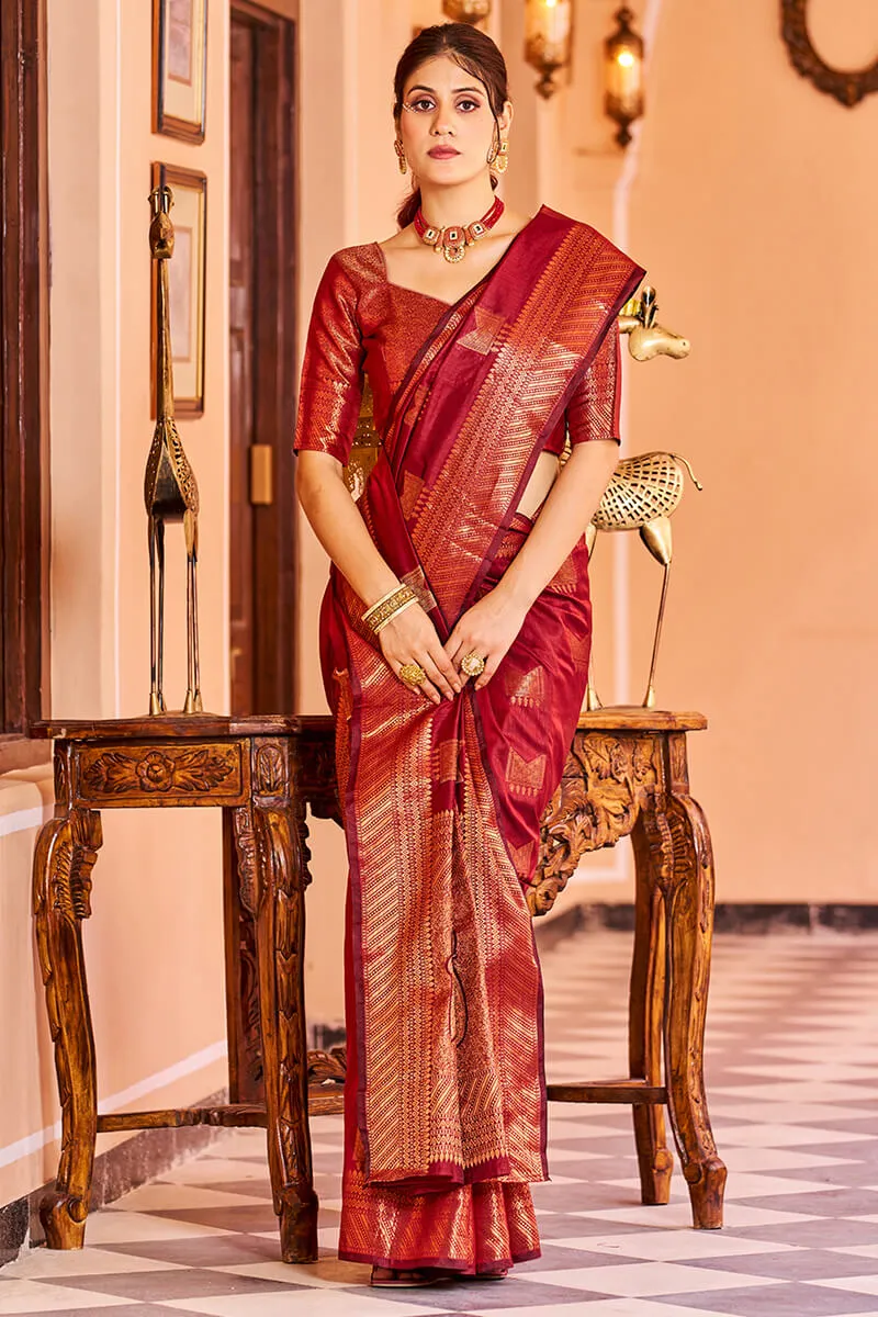 Majesty Red Soft Banarasi Silk Saree With Opulent Blouse Piece