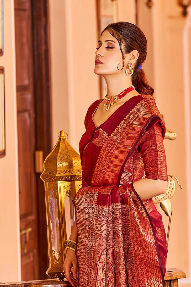 Majesty Red Soft Banarasi Silk Saree With Opulent Blouse Piece