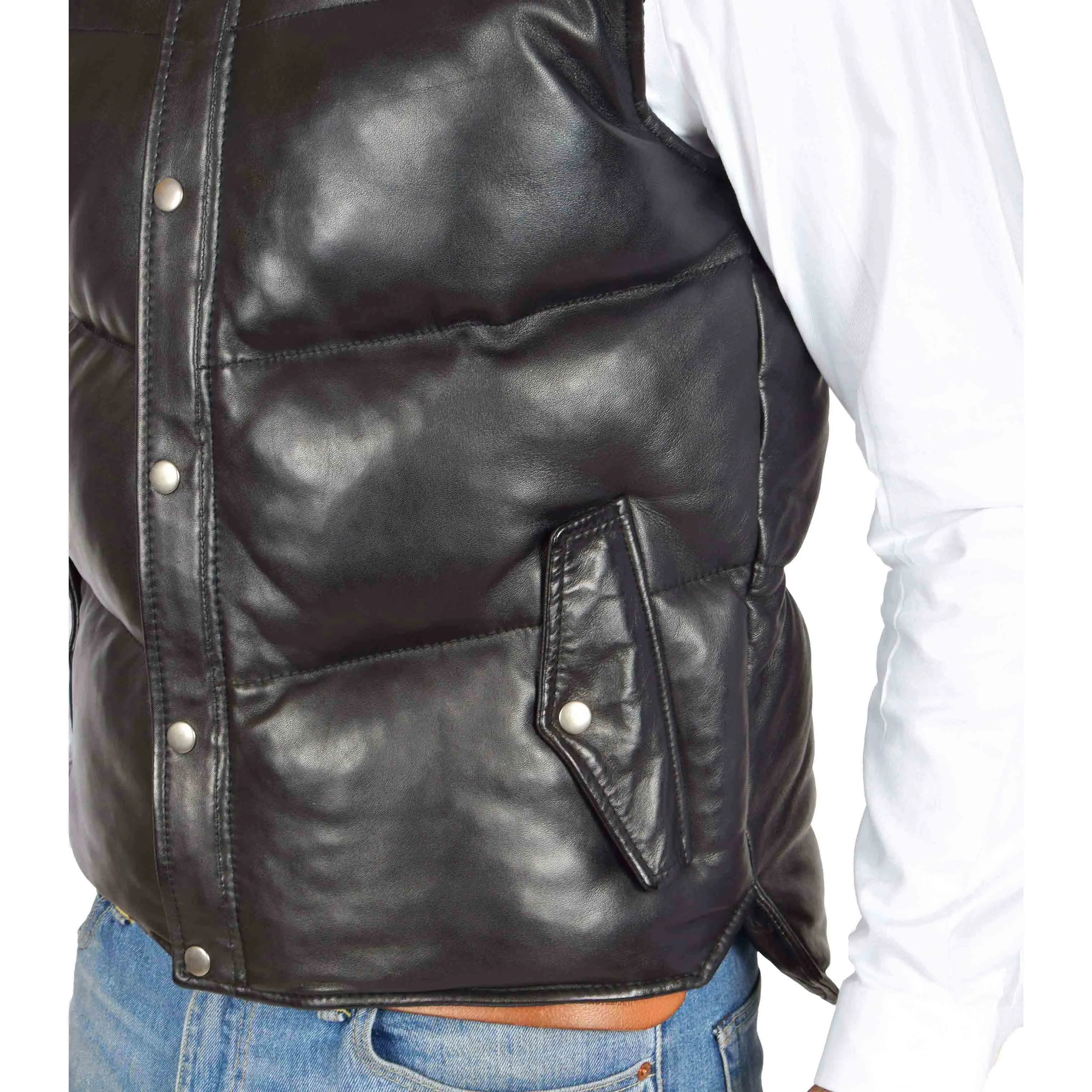 Mens Quilted Leather Waistcoat Body Warmer Gilet Jeff Black