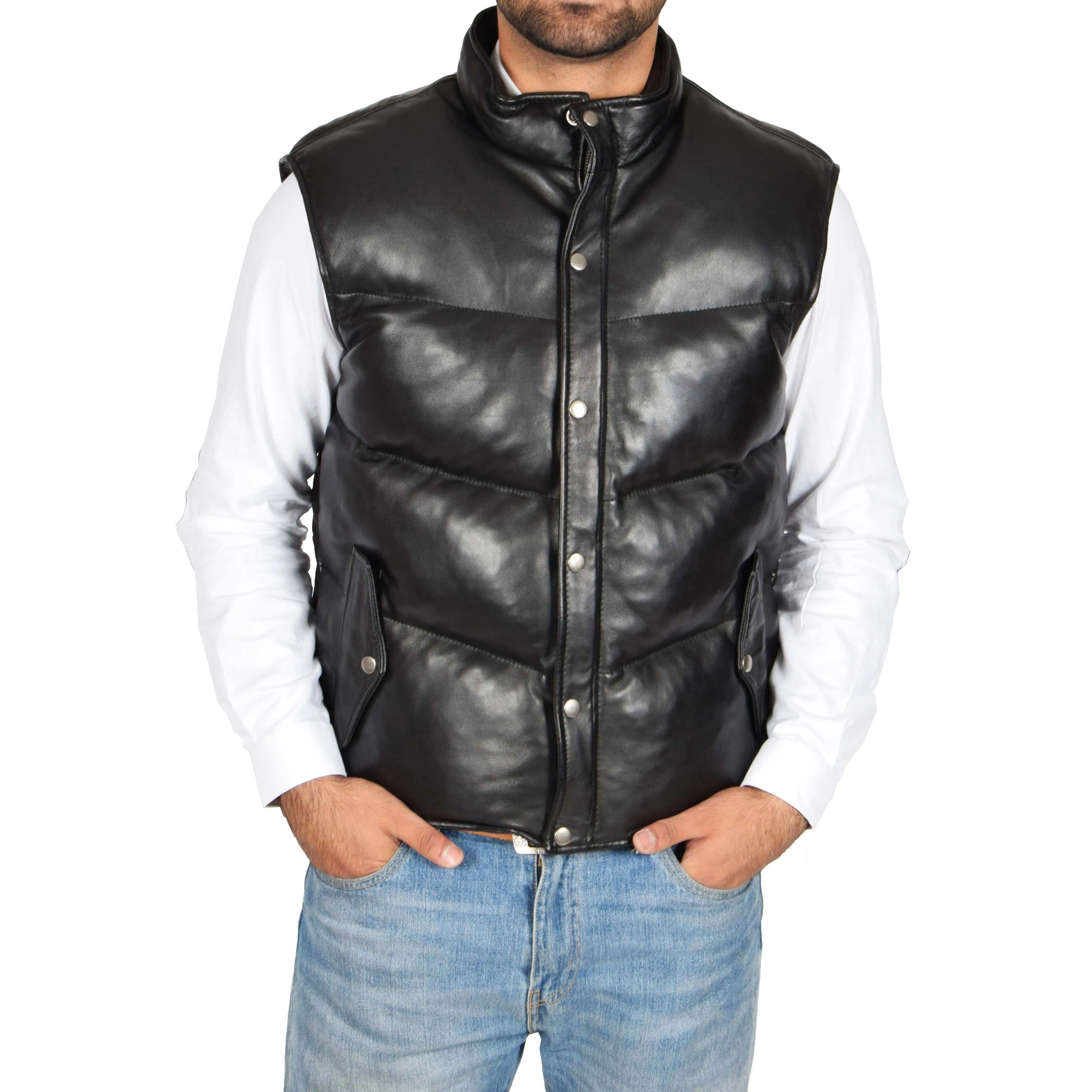 Mens Quilted Leather Waistcoat Body Warmer Gilet Jeff Black