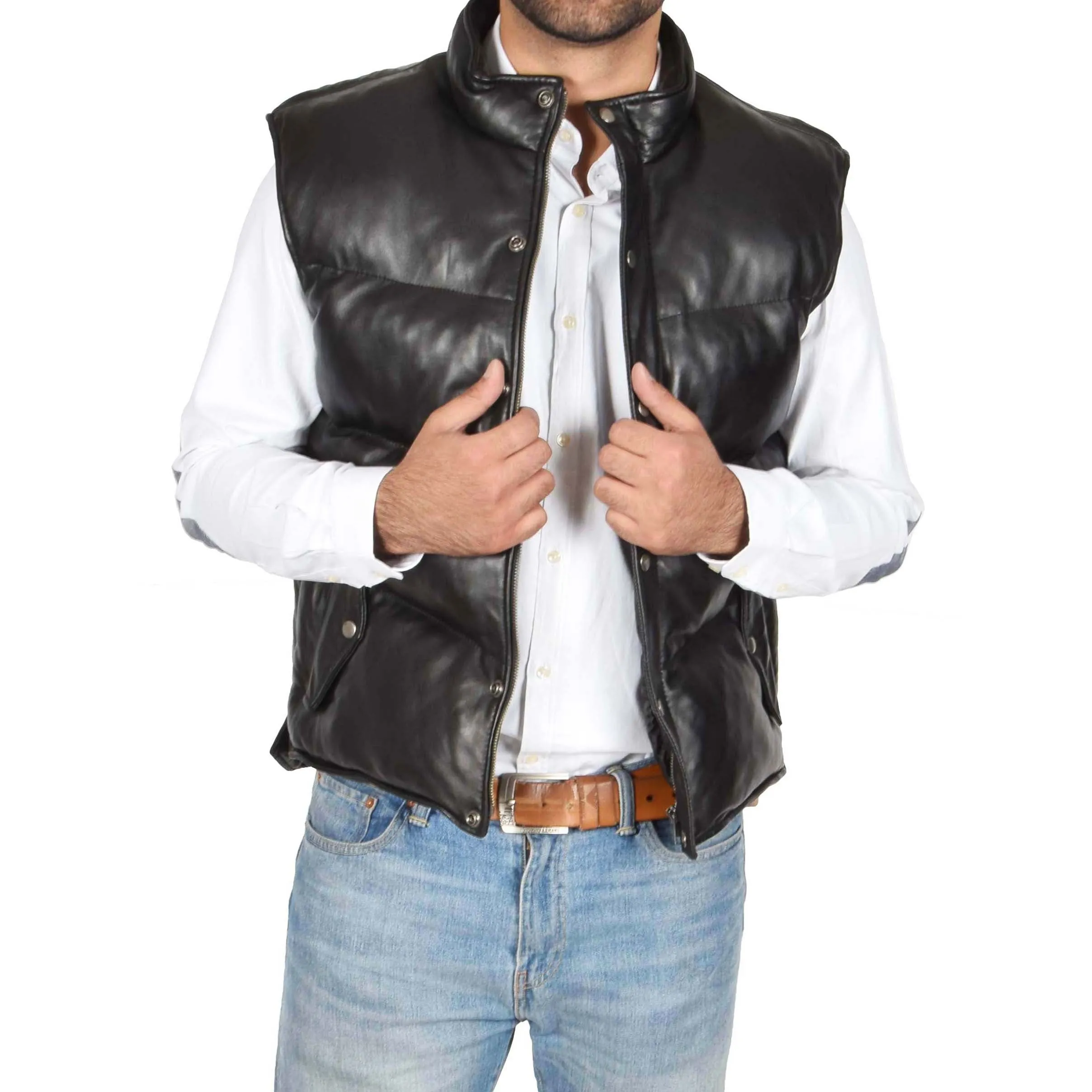 Mens Quilted Leather Waistcoat Body Warmer Gilet Jeff Black