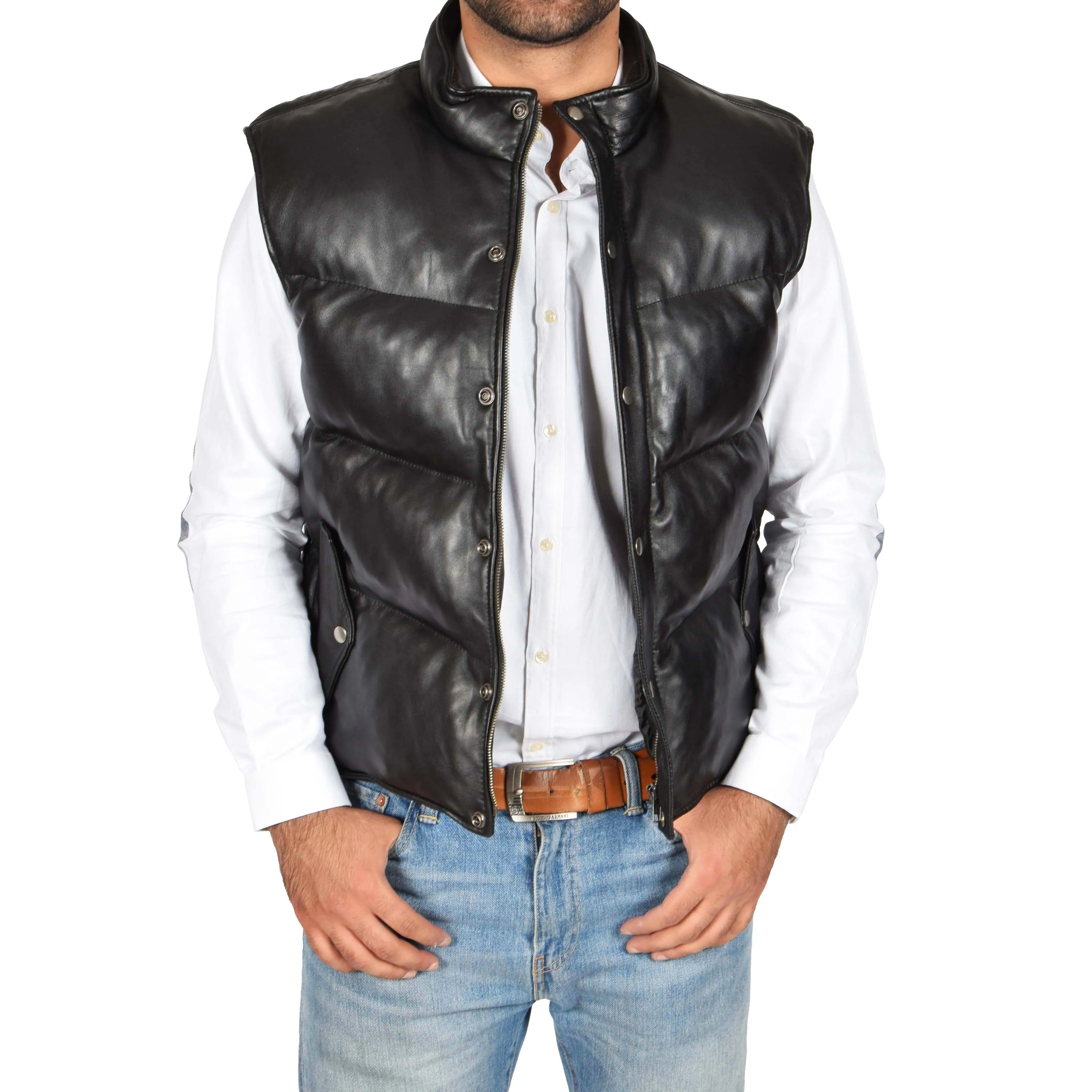 Mens Quilted Leather Waistcoat Body Warmer Gilet Jeff Black