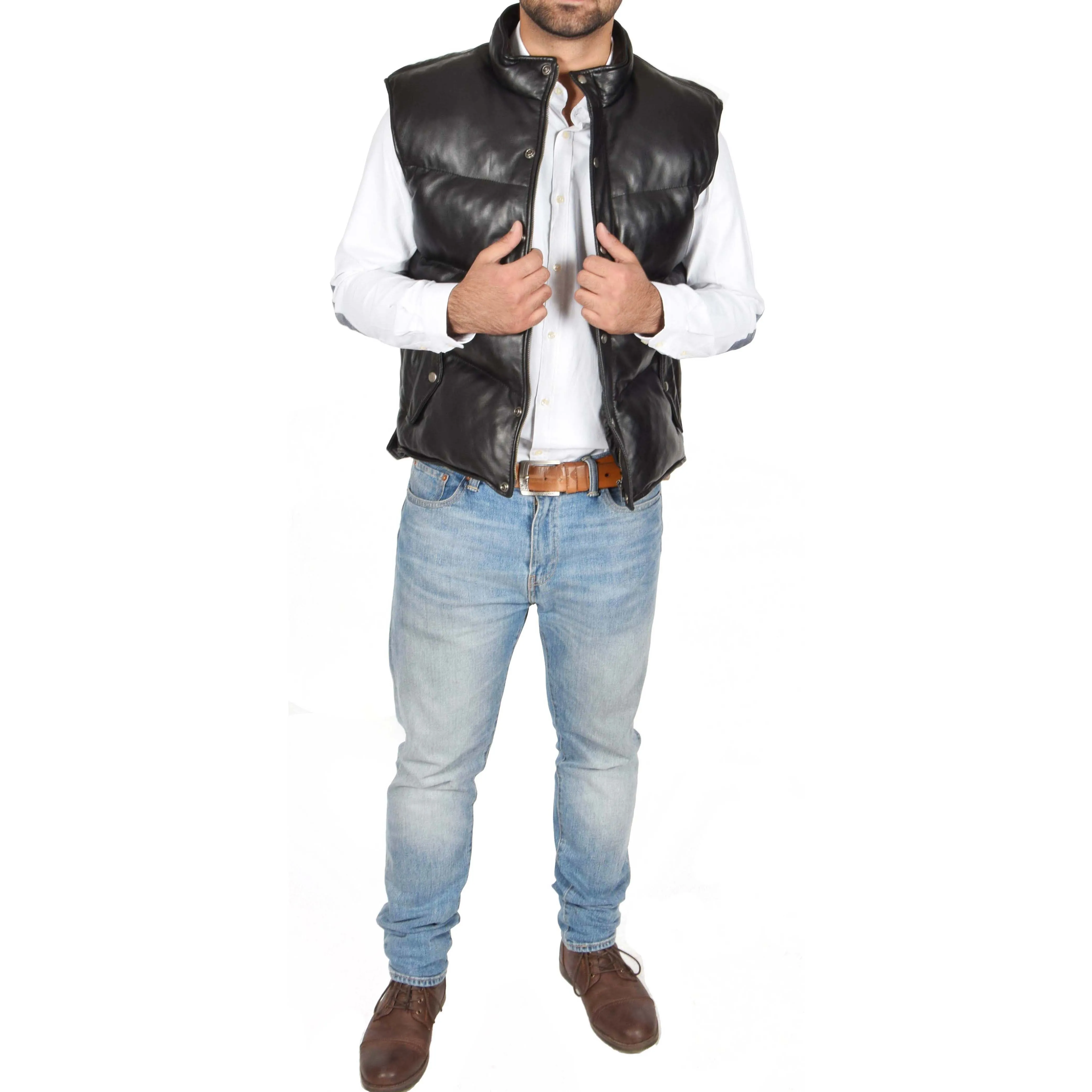 Mens Quilted Leather Waistcoat Body Warmer Gilet Jeff Black