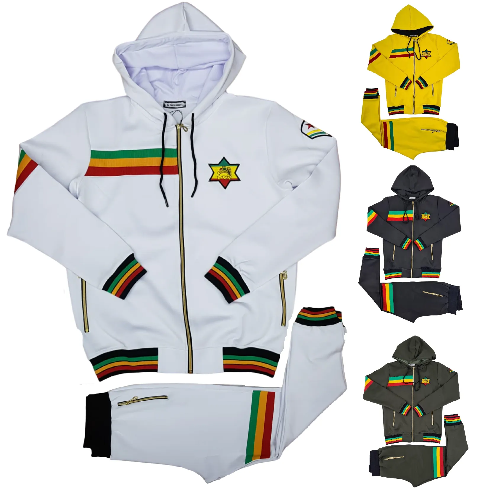 Mens Rasta Tracksuit 2 Piece Zipper Multicolour Men's Matching Sweatshirts Sweatpants Athletic Hoodie & Joggers Zip Pants Bottoms Track Suit