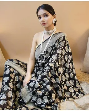 Murmurous Black Soft Banarasi Silk Saree With Opulent Blouse Piece