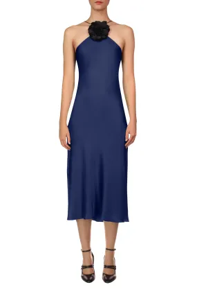 Navy Silk Satin Halter Dress with Flower