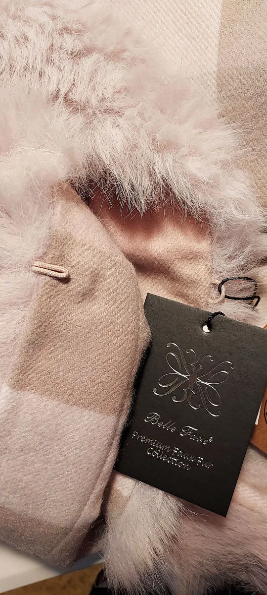 NEW WITH TAG SAKS 5TH AVENUE BELLE FAIR PINK PLAID CASHMERE BLEND FAUX FUR WRAP RUANA STOLE