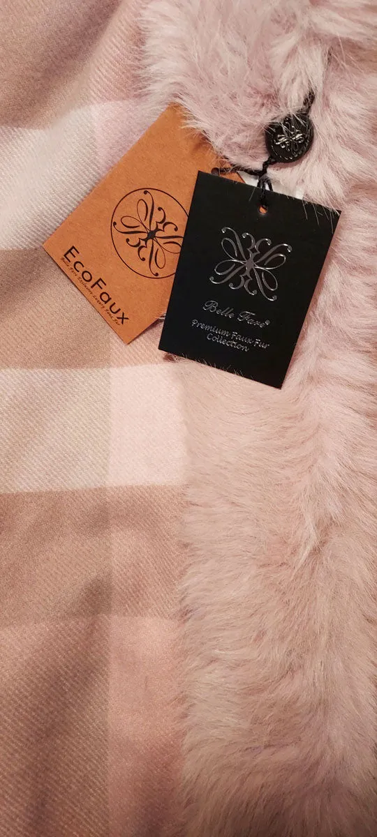 NEW WITH TAG SAKS 5TH AVENUE BELLE FAIR PINK PLAID CASHMERE BLEND FAUX FUR WRAP RUANA STOLE