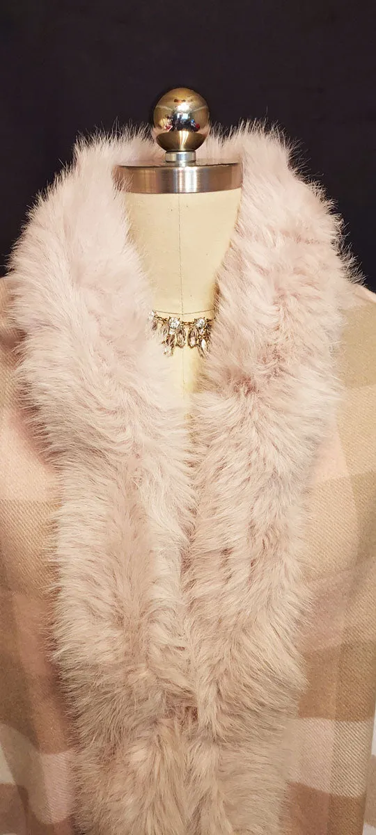 NEW WITH TAG SAKS 5TH AVENUE BELLE FAIR PINK PLAID CASHMERE BLEND FAUX FUR WRAP RUANA STOLE
