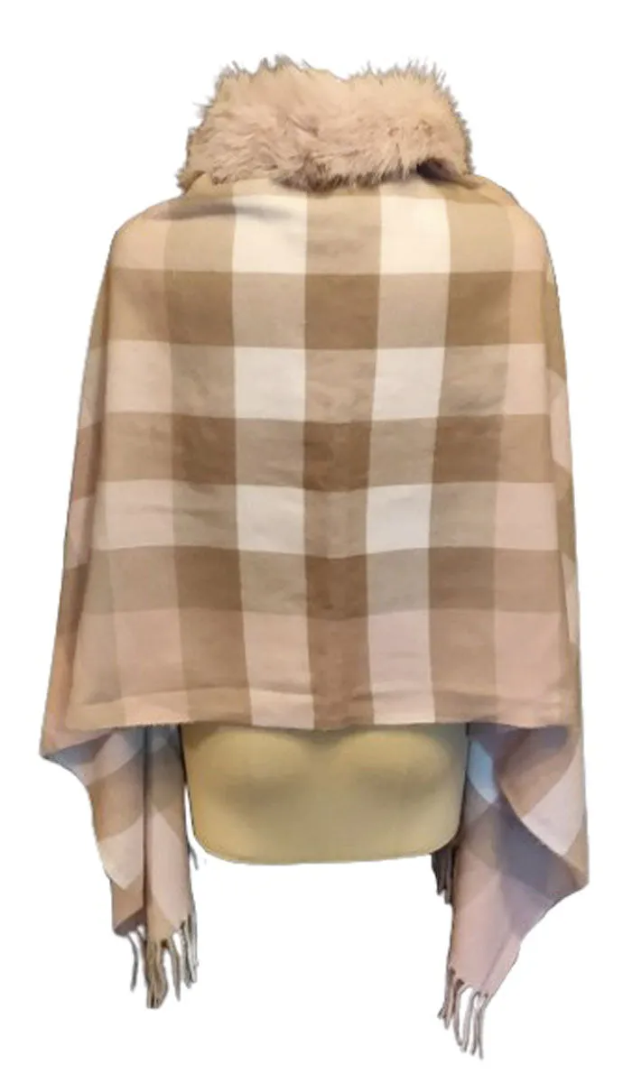 NEW WITH TAG SAKS 5TH AVENUE BELLE FAIR PINK PLAID CASHMERE BLEND FAUX FUR WRAP RUANA STOLE