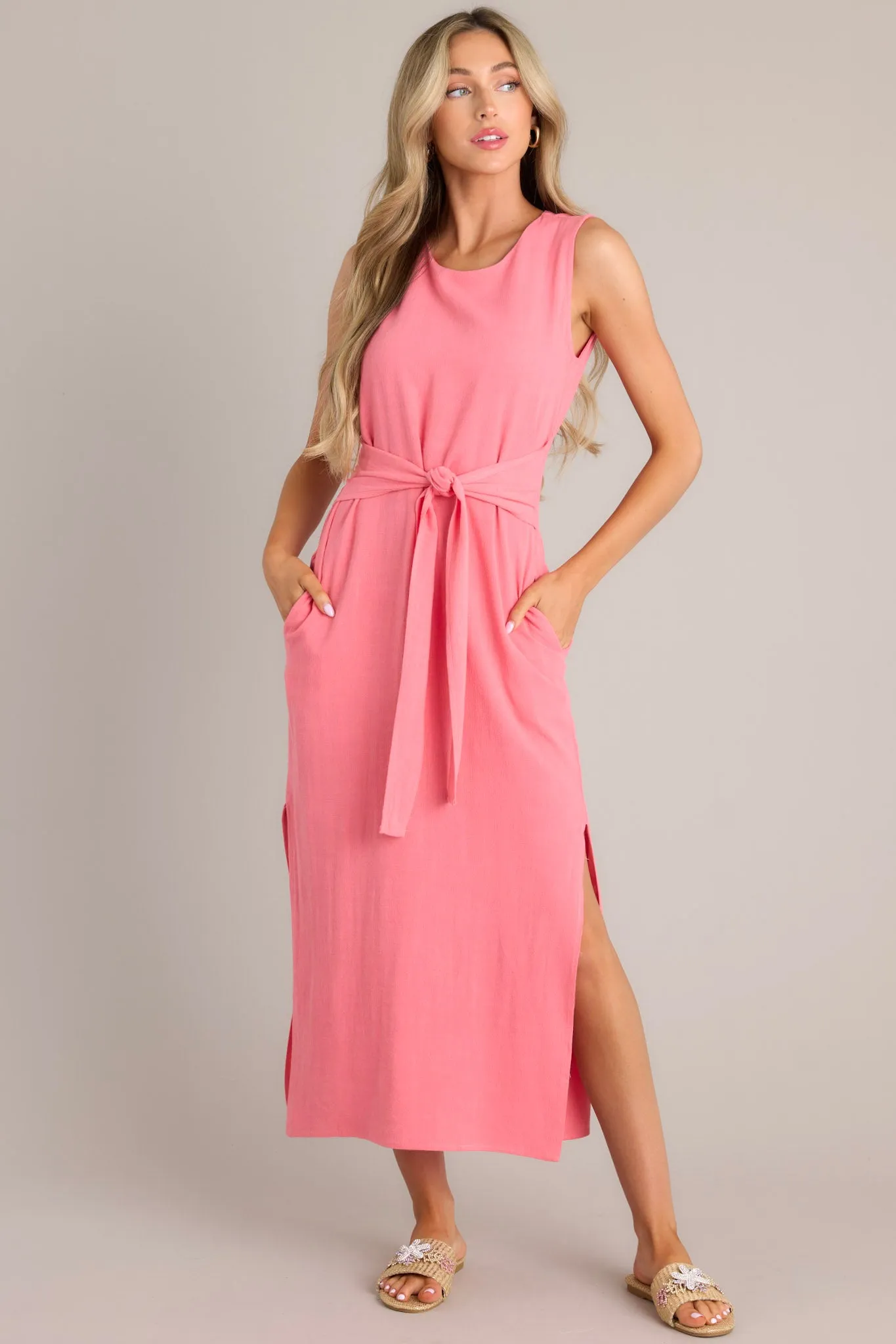 Nurturing Spirit Coral Waist Tie Maxi Dress