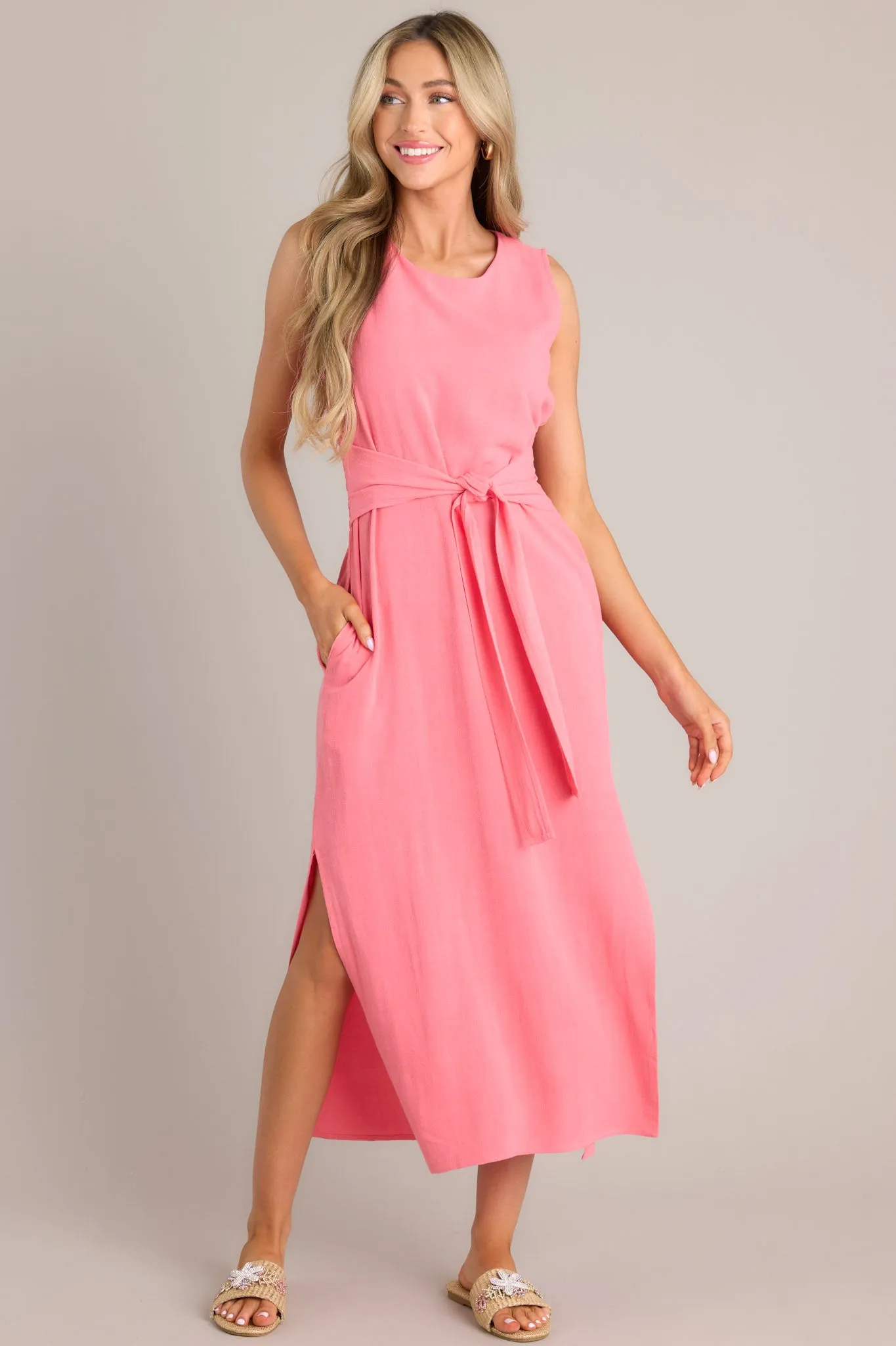 Nurturing Spirit Coral Waist Tie Maxi Dress