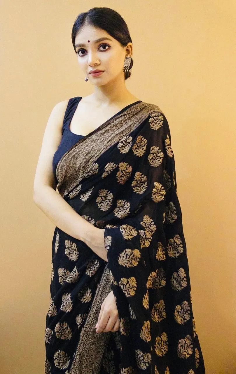 Opulent Black Soft Silk Saree With Snappy Blouse Piece