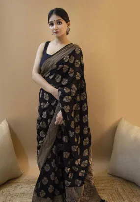 Opulent Black Soft Silk Saree With Snappy Blouse Piece