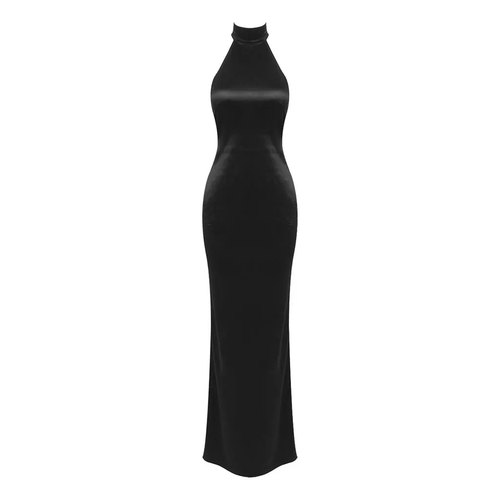 Opulent Halter Wrap Scarf Faux Pearl Backless Split Satin Gown Maxi Dress