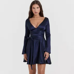 Opulent Monochrome Plunge Neck Wrap Around Bow Tie Long Sleeve Mini Satin Dress