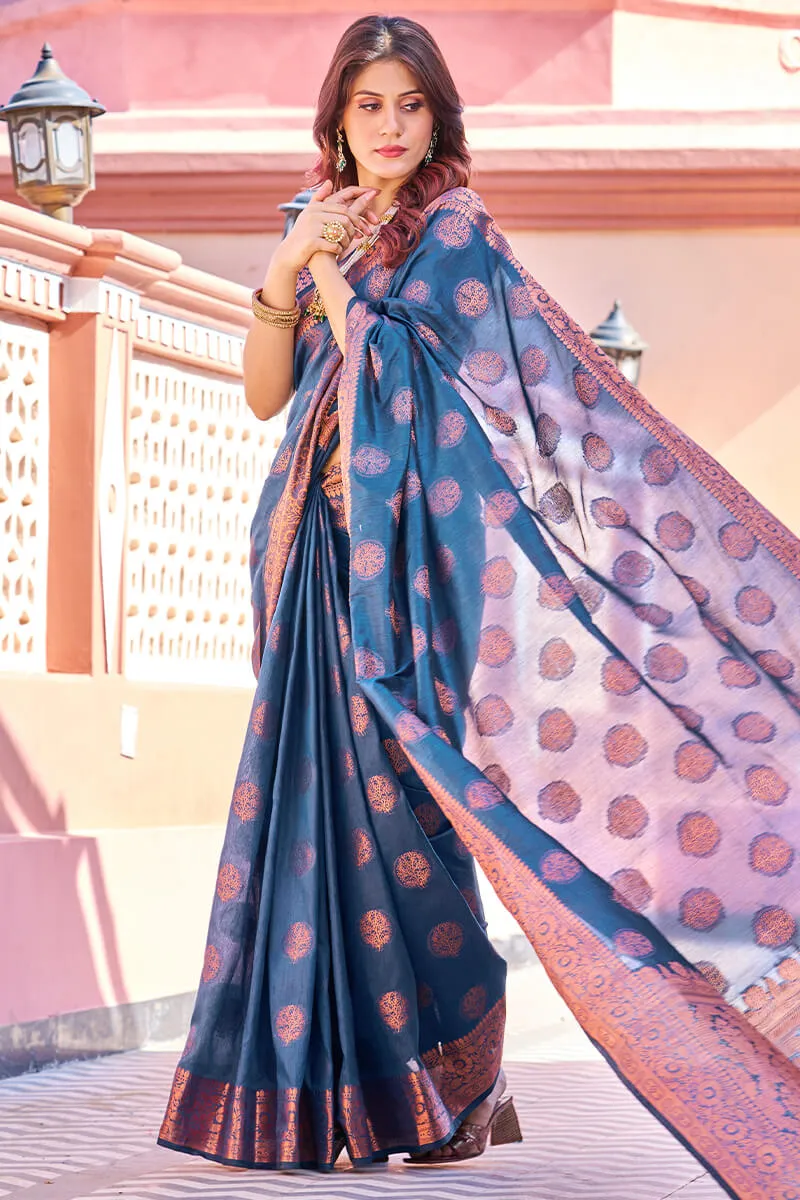 Opulent Navy Blue Banarasi Silk Saree With Majesty Blouse Piece