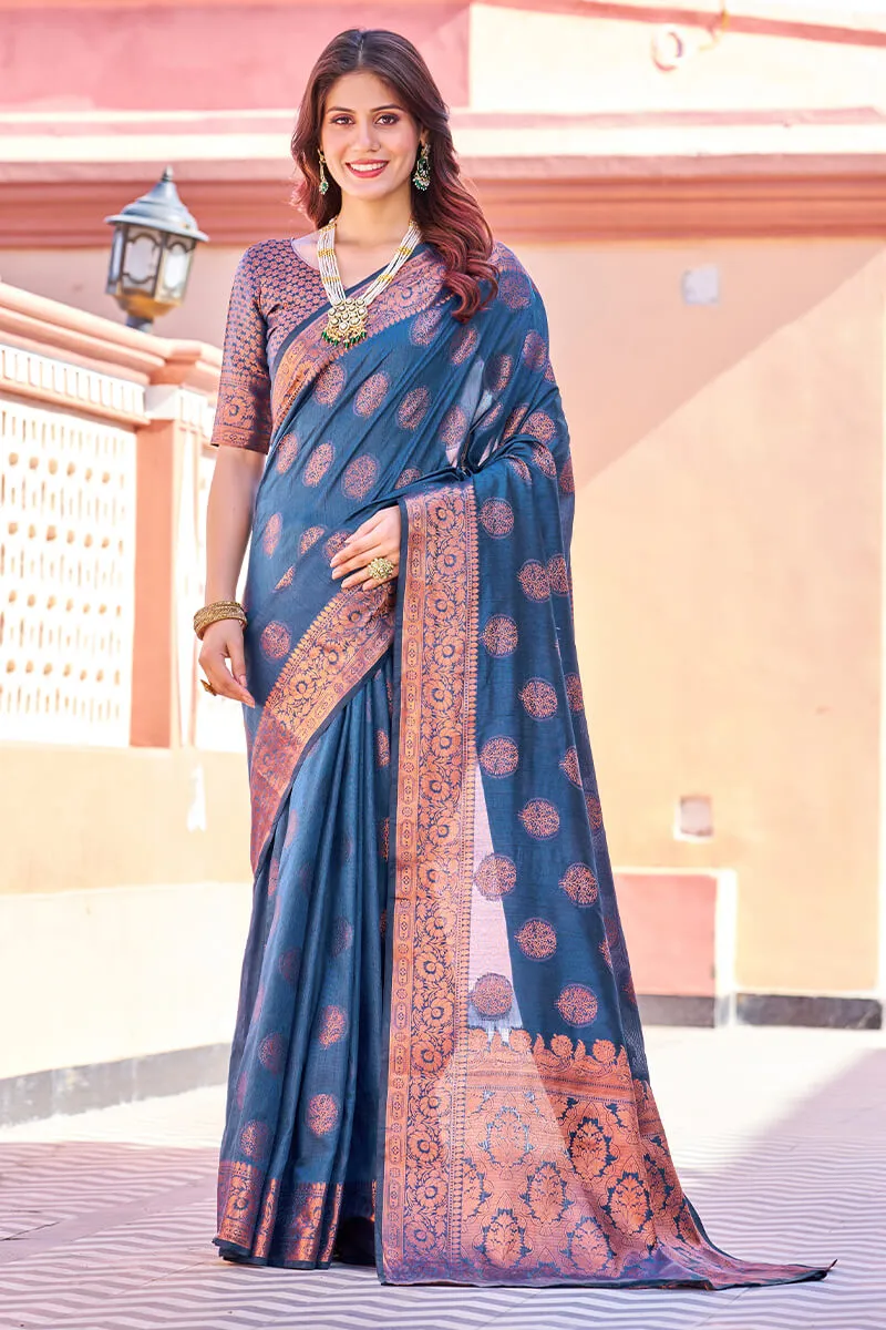Opulent Navy Blue Banarasi Silk Saree With Majesty Blouse Piece