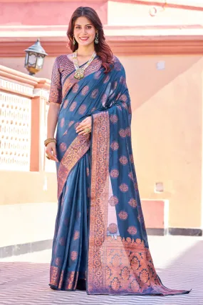 Opulent Navy Blue Banarasi Silk Saree With Majesty Blouse Piece