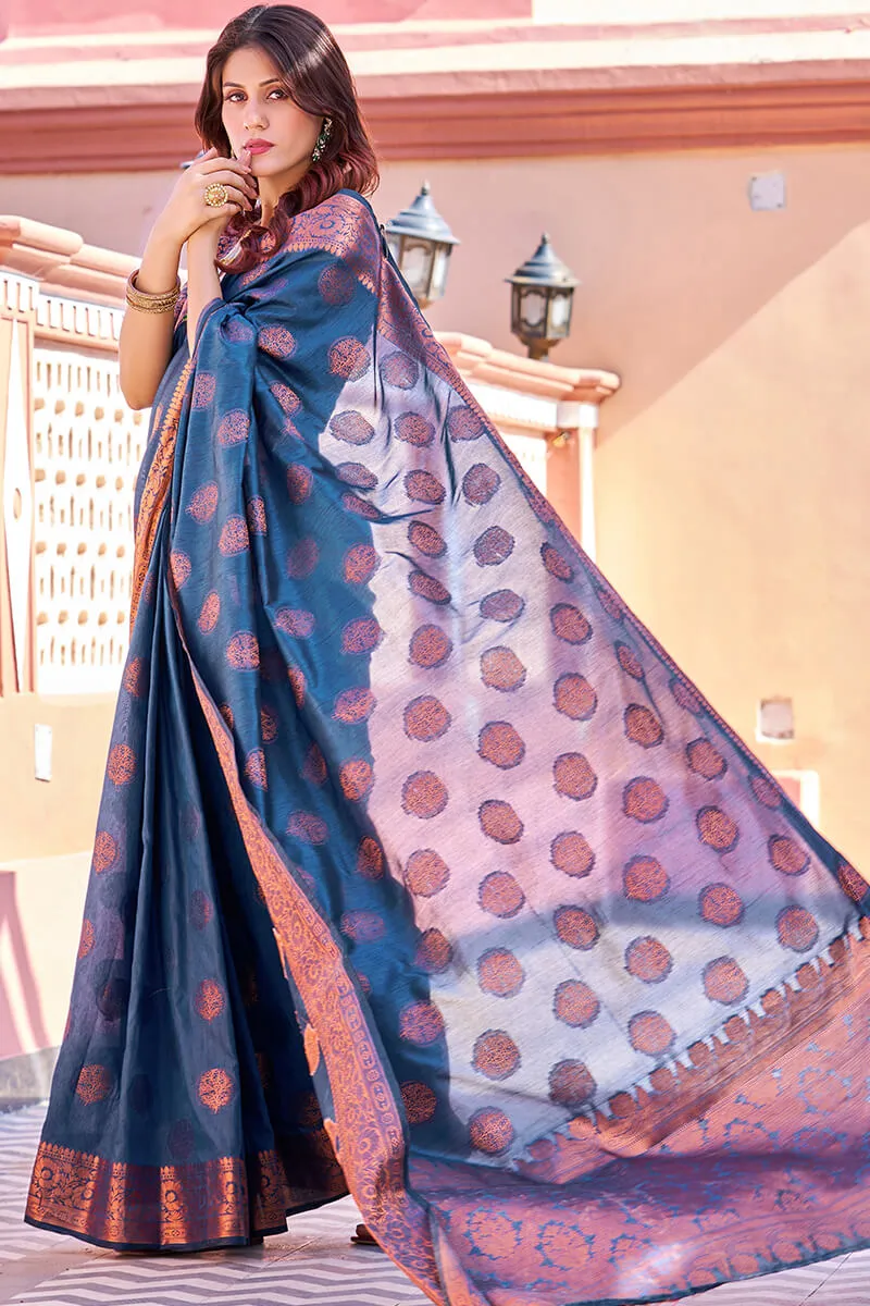 Opulent Navy Blue Banarasi Silk Saree With Majesty Blouse Piece