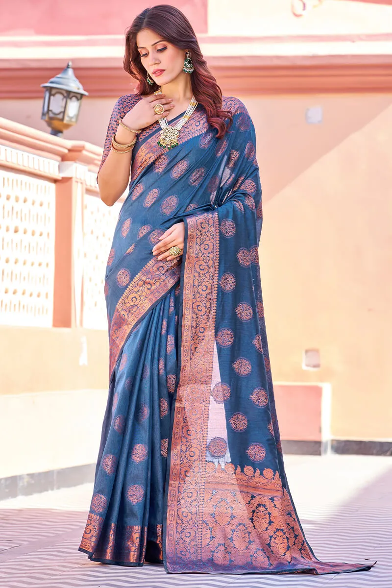 Opulent Navy Blue Banarasi Silk Saree With Majesty Blouse Piece