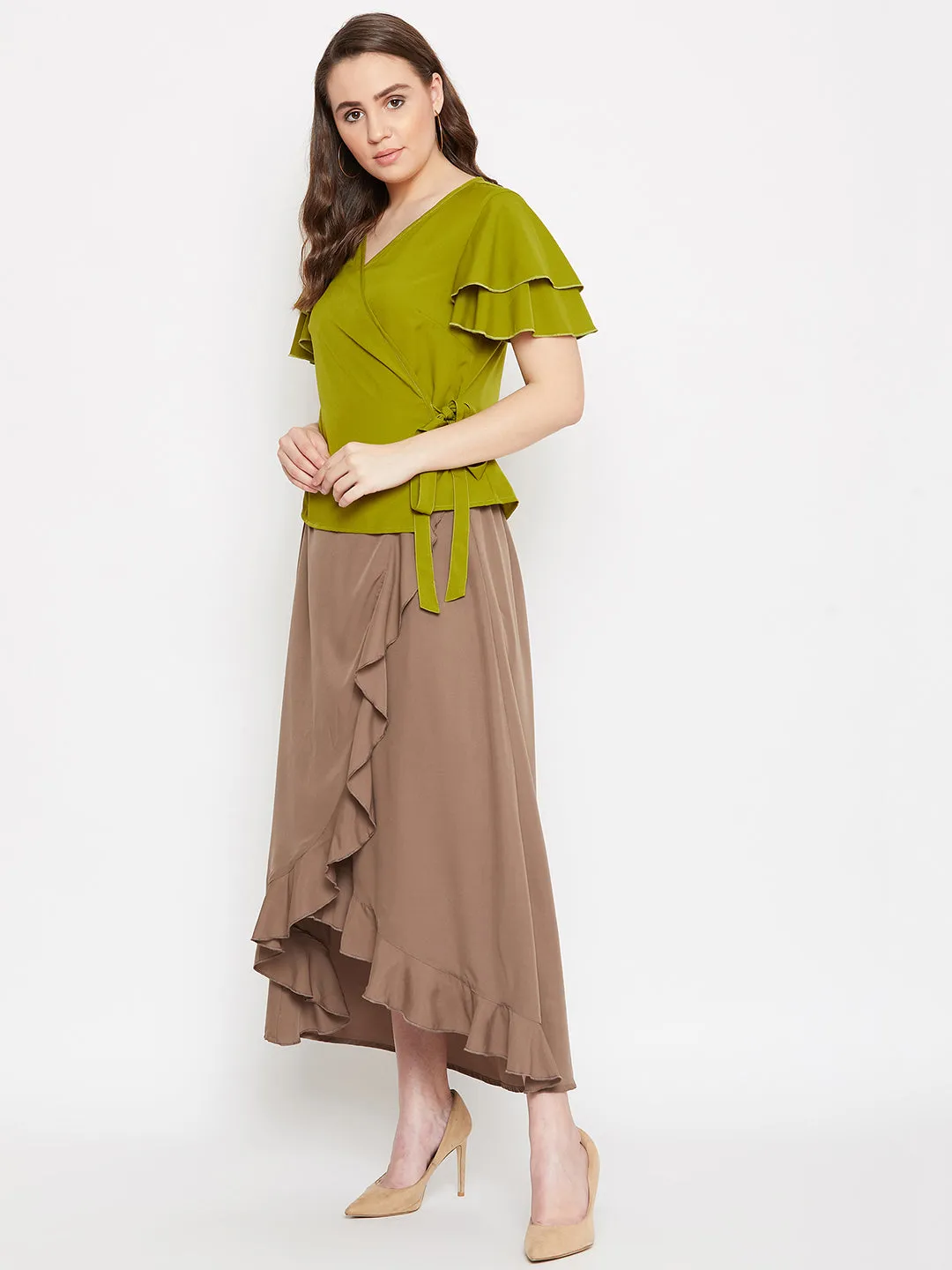 Overlap Top & Ruffle Skirt Set (Sku-BLMG20288)