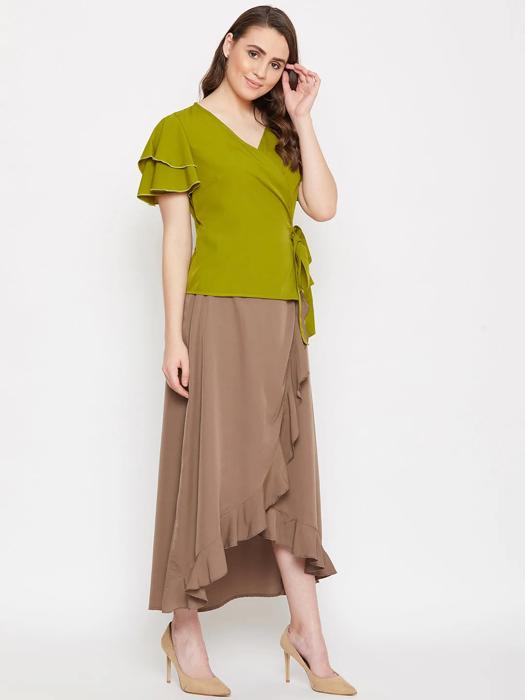 Overlap Top & Ruffle Skirt Set (Sku-BLMG20288)