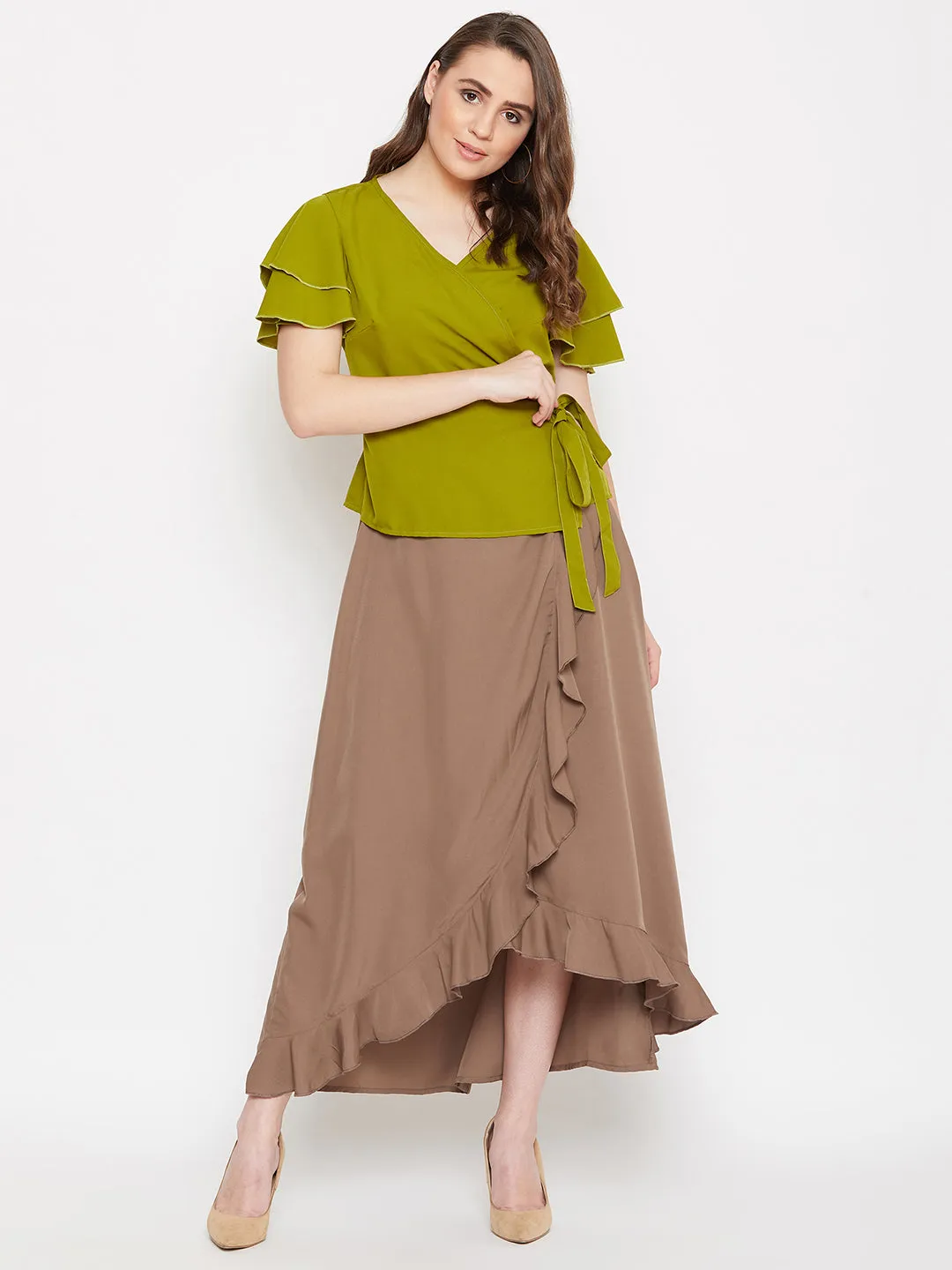 Overlap Top & Ruffle Skirt Set (Sku-BLMG20288)