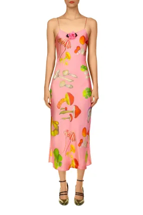 Pink Mushroom Printed Silk Satin Slip Dress