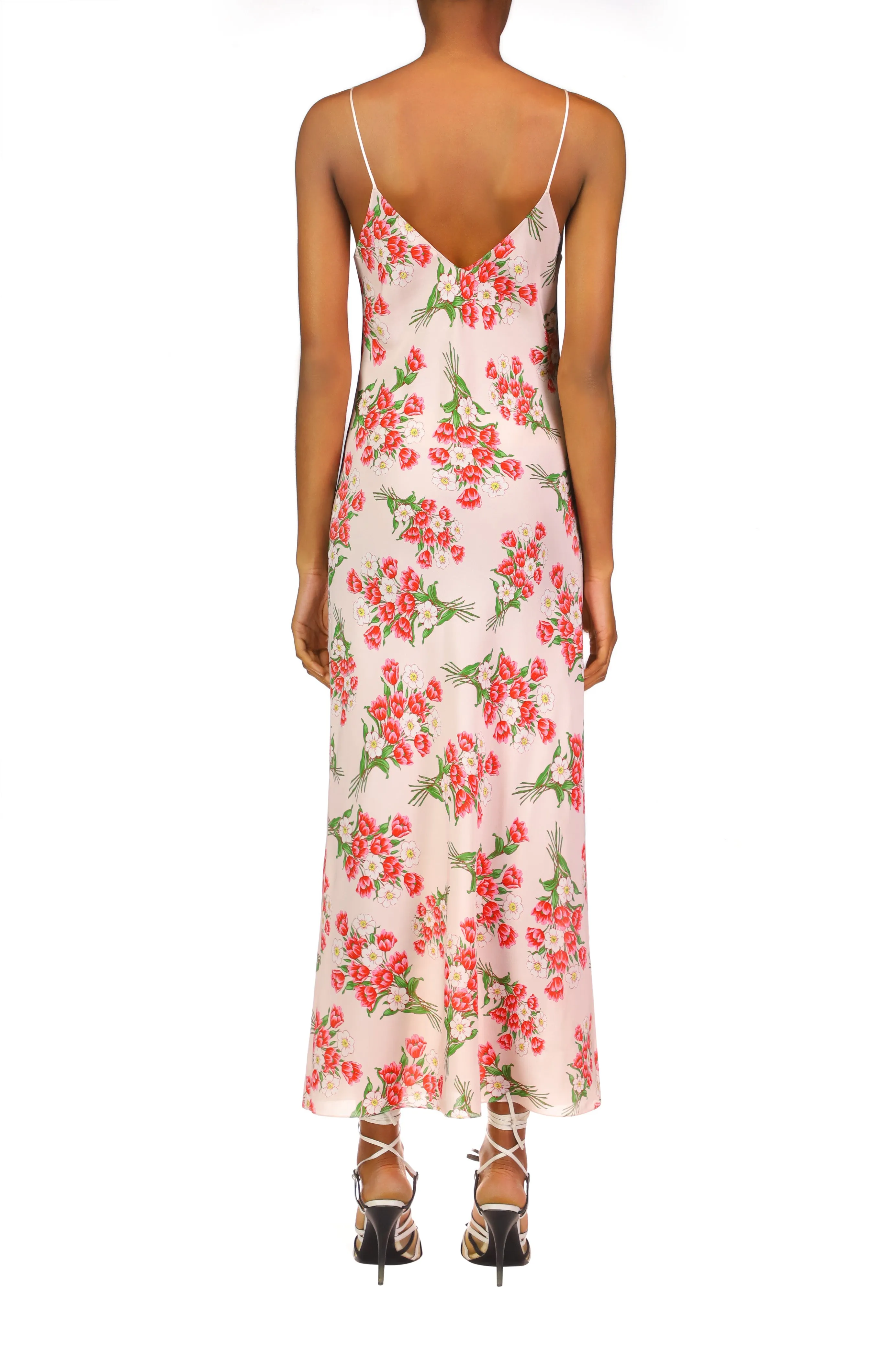 Pink Tulip Bouquet Printed Slk Mid Length Slip Dress With Silk Flower
