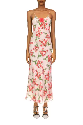 Pink Tulip Bouquet Printed Slk Mid Length Slip Dress With Silk Flower