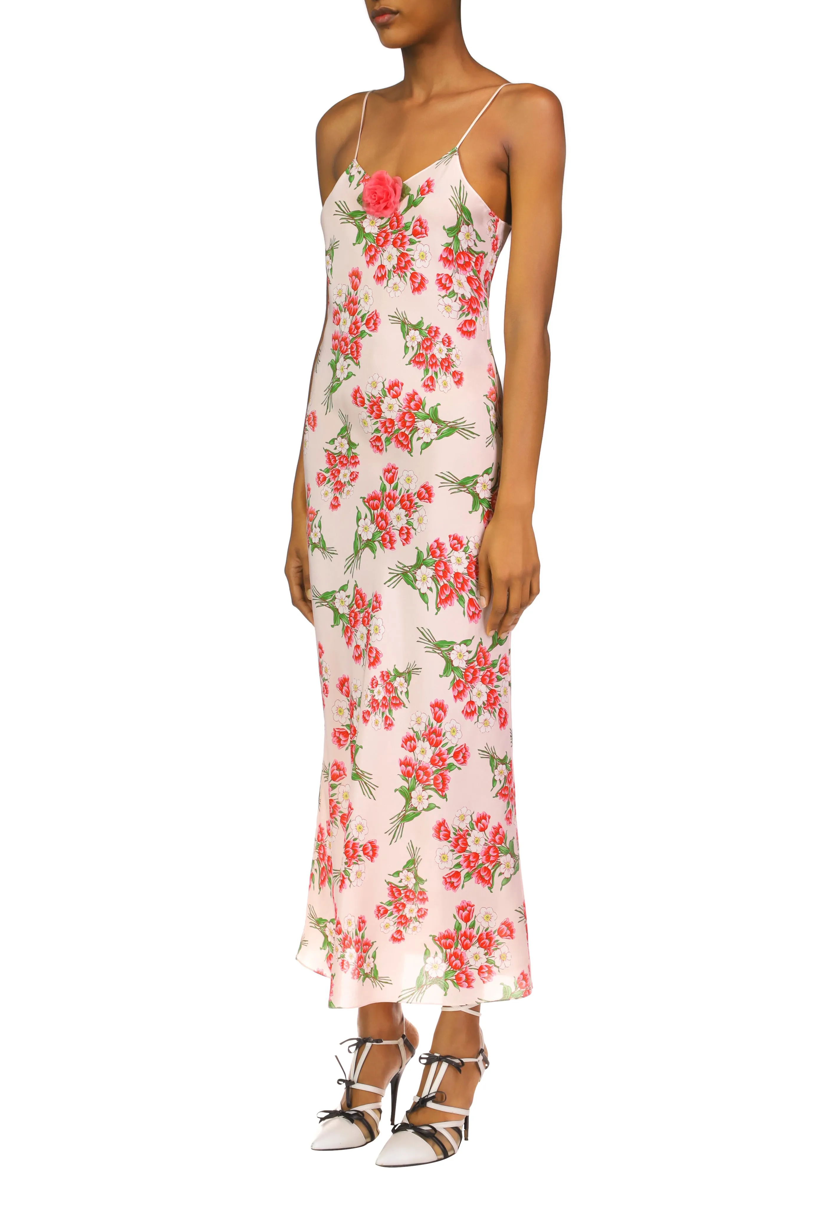Pink Tulip Bouquet Printed Slk Mid Length Slip Dress With Silk Flower