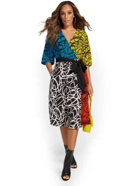Printed Colorblock Wrap Dress