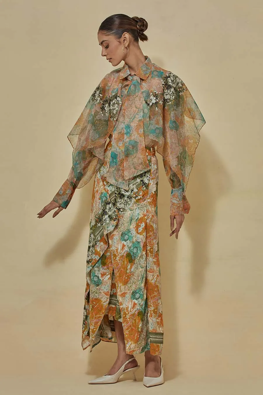 Printed Organza Shirt With Printed Draped Skirt