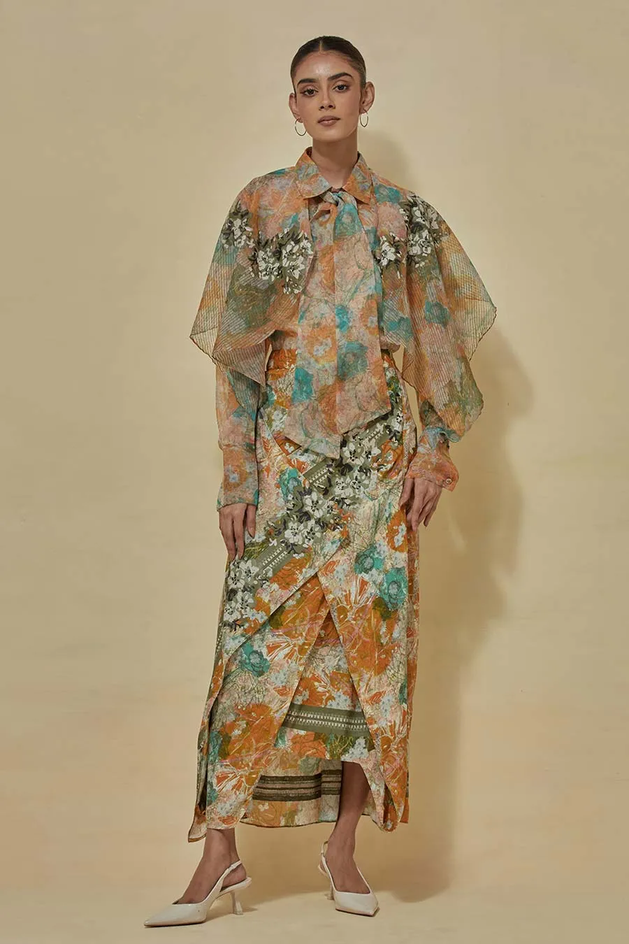 Printed Organza Shirt With Printed Draped Skirt