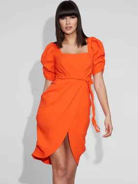 Puff-Sleeve Wrap Sheath Dress