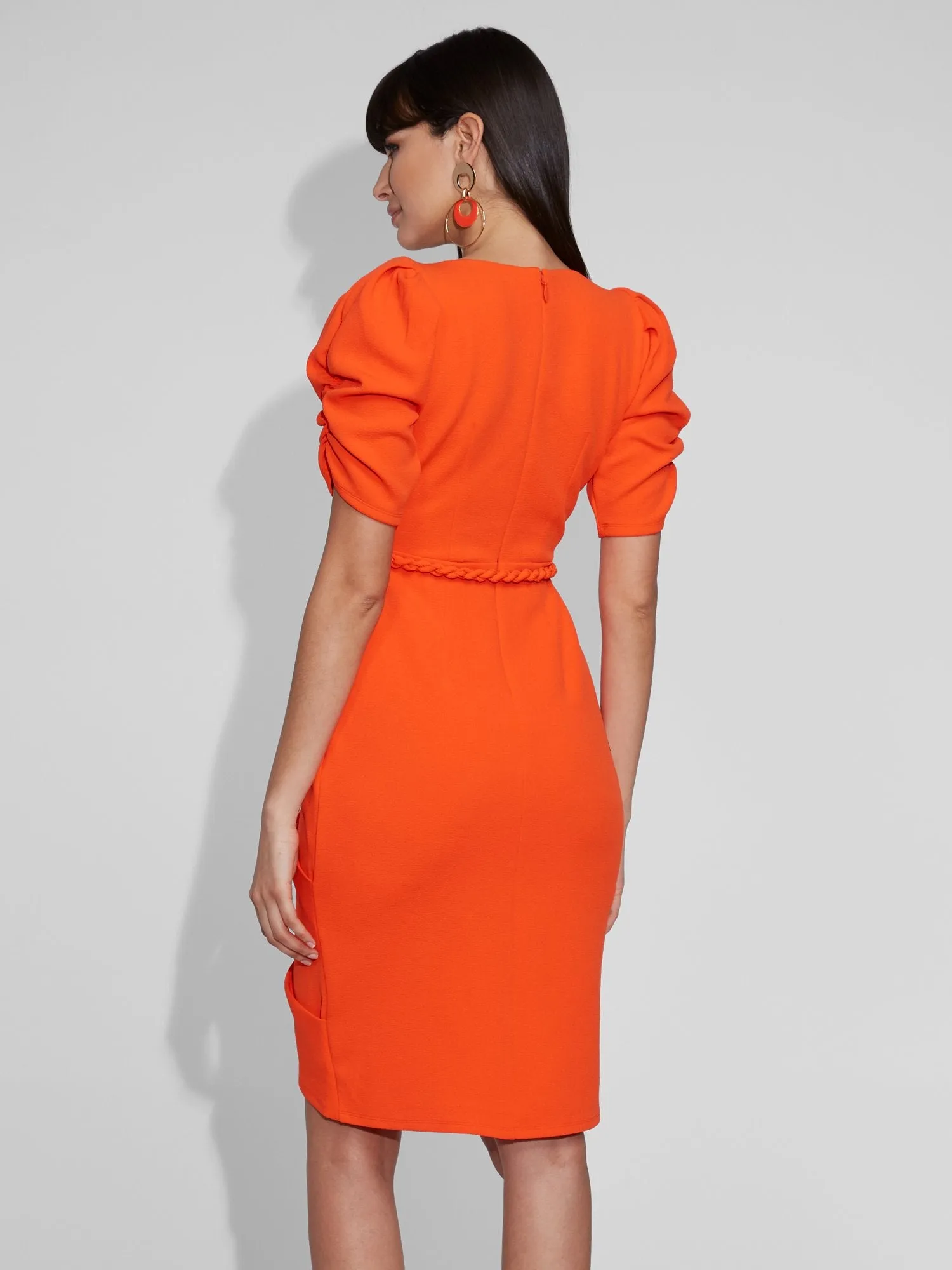 Puff-Sleeve Wrap Sheath Dress